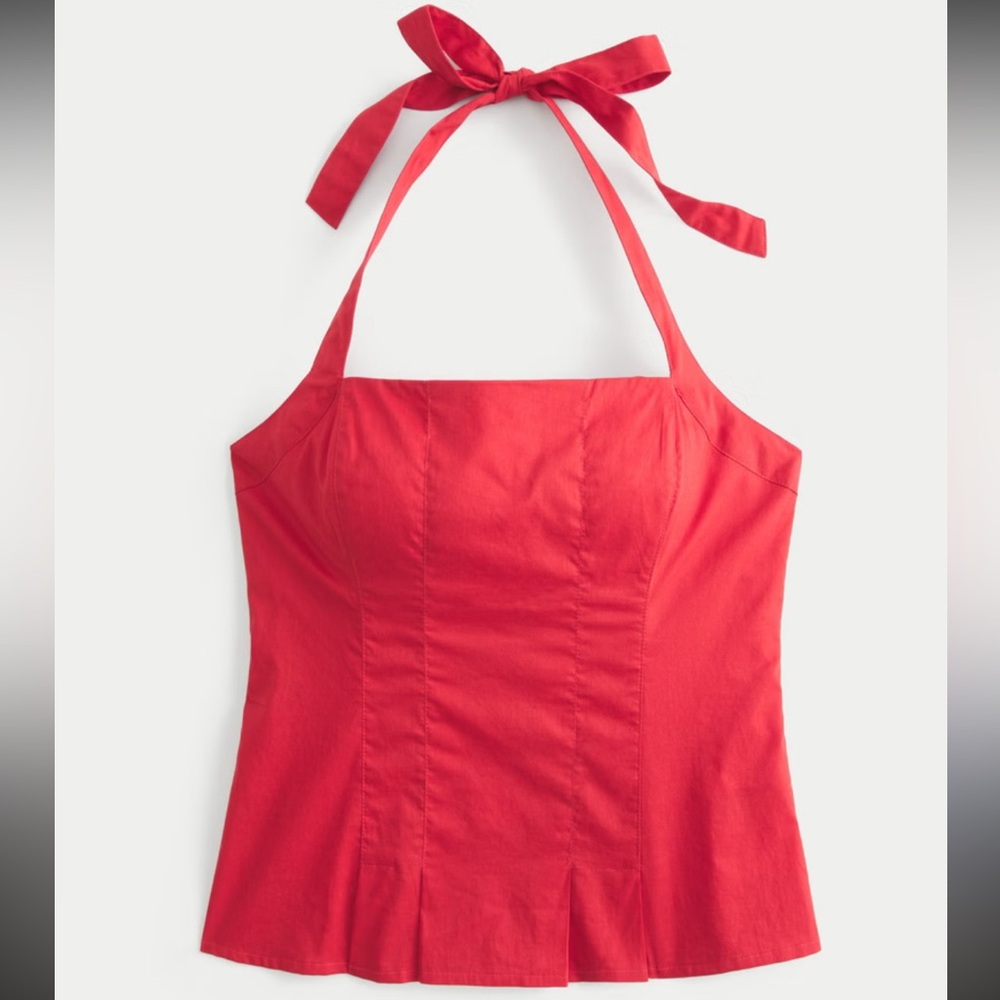 Hollister bright red waist cinching peplum tie back halter top 100% cotton